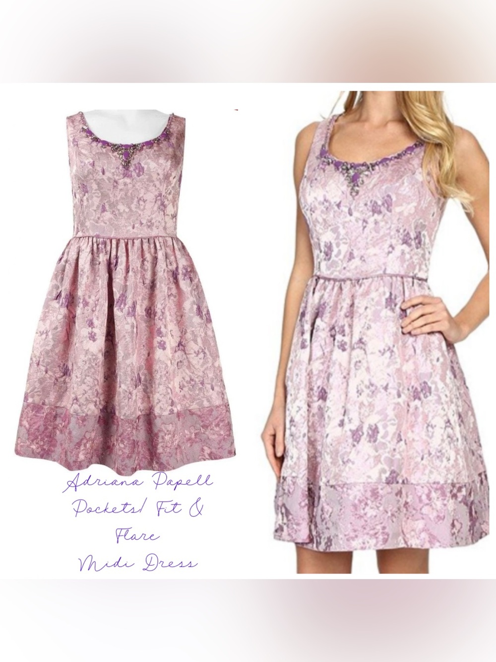 Adrianna Papell Metallic Jacquard Floral Cocktail Dress Purple 8 Embellished